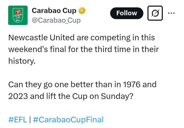 EFL Cup 2024/25 (Final): Liverpool V Newcastle United - Four days to go