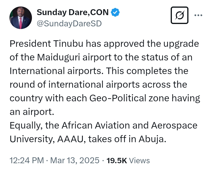 President Tinubu approves upgrade of Maiduguri airport to status of an International airport