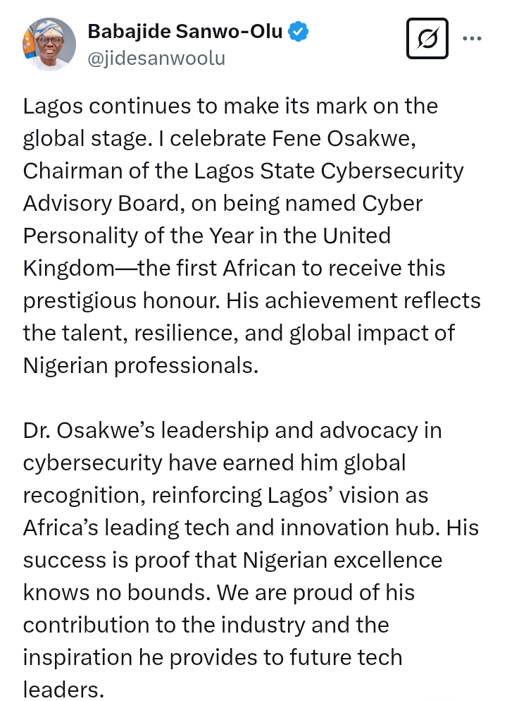 Governor Sanwo-Olu celebrates Osakwe, Lagos State Cybersecurity Advisory Board Chairman, on being named Cyber Personality of the Year in UK