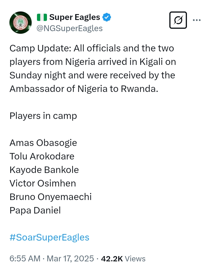 FIFA World Cup 2026 Qualification: Rwanda V Nigeria - Super Eagles and officials arrive in Kigali