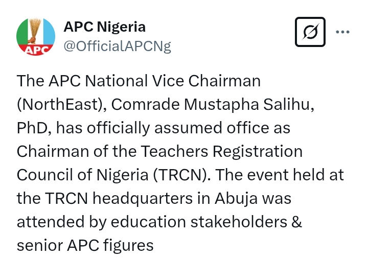 APC National VC NorthEast, Salihu, assumes office as Chairman of TRCN