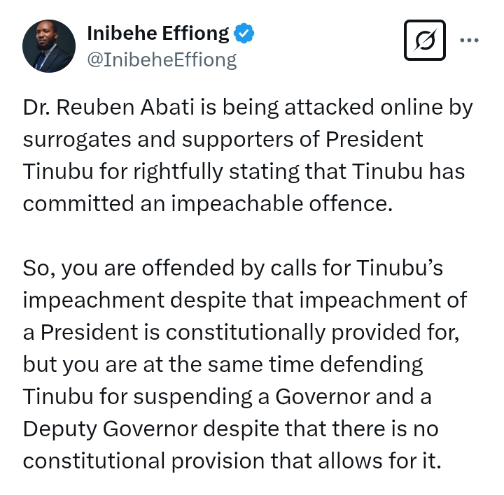 Rivers State: 'Dr. Reuben Abati is being attacked online for rightfully stating that Tinubu has committed an impeachable offence' - Lawyer Effiong