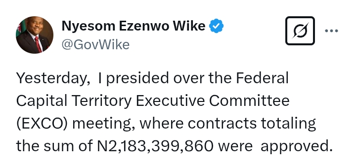 FCT EXCO Meeting: Wike presides, 'contracts totaling the sum of N2,183,399,860 approved'
