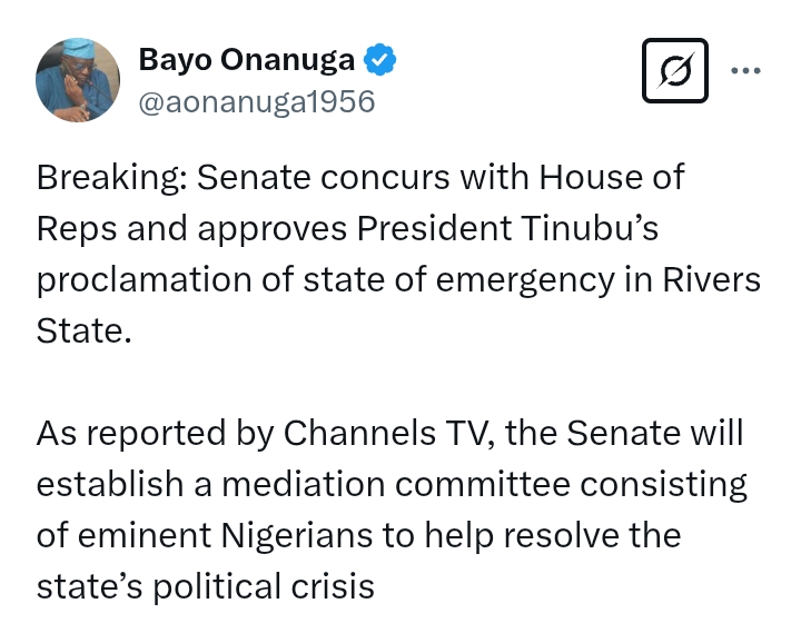 Rivers State: 'Senate will establish mediation committee of eminent Nigerians to help resolve the state’s political crisis'
