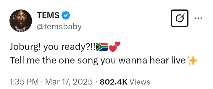 'I’m exciteddd See you soon Jo burg!' - Tems