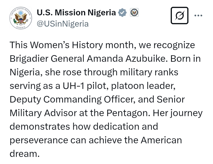 Women's History Month 2025: US Mission in Nigeria recognizes Brigadier General Azubuike who rose through military ranks serving as Senior Military Advisor at the Pentagon