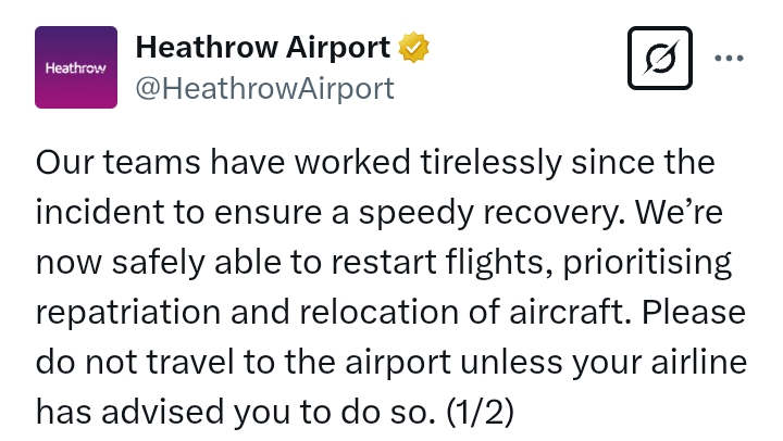 United Kingdom: Heathrow Airport shutdown due to power outage