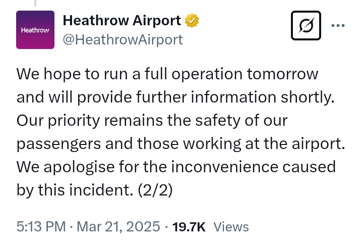 United Kingdom: Heathrow Airport shutdown due to power outage