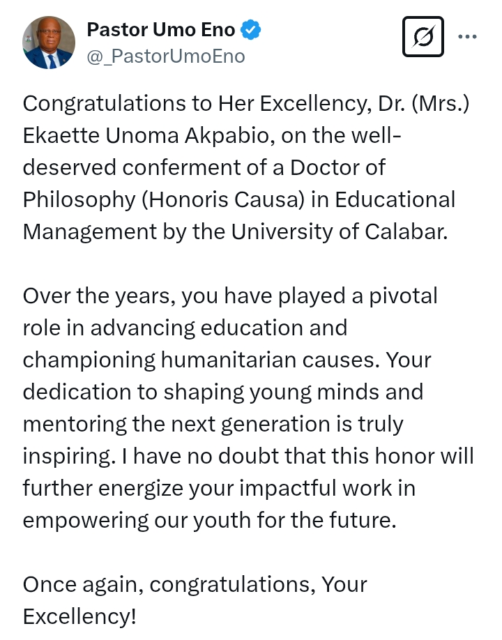 Governor Eno congratulates Ekaette Akpabio on conferment of Doctor of Philosophy in Educational Management by UNICAL
