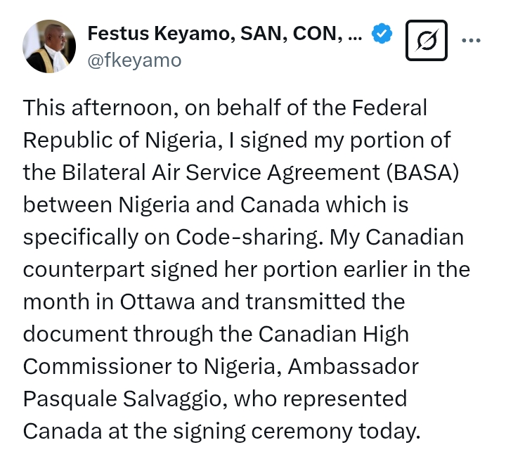 Nigeria-Canada: Keyamo signs Bilateral Air Service Agreement 'specifically on code-sharing'