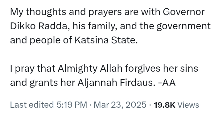 Governor Radda loses mother: 'Pillar of the family. No loss like the loss of a mother' - Atiku