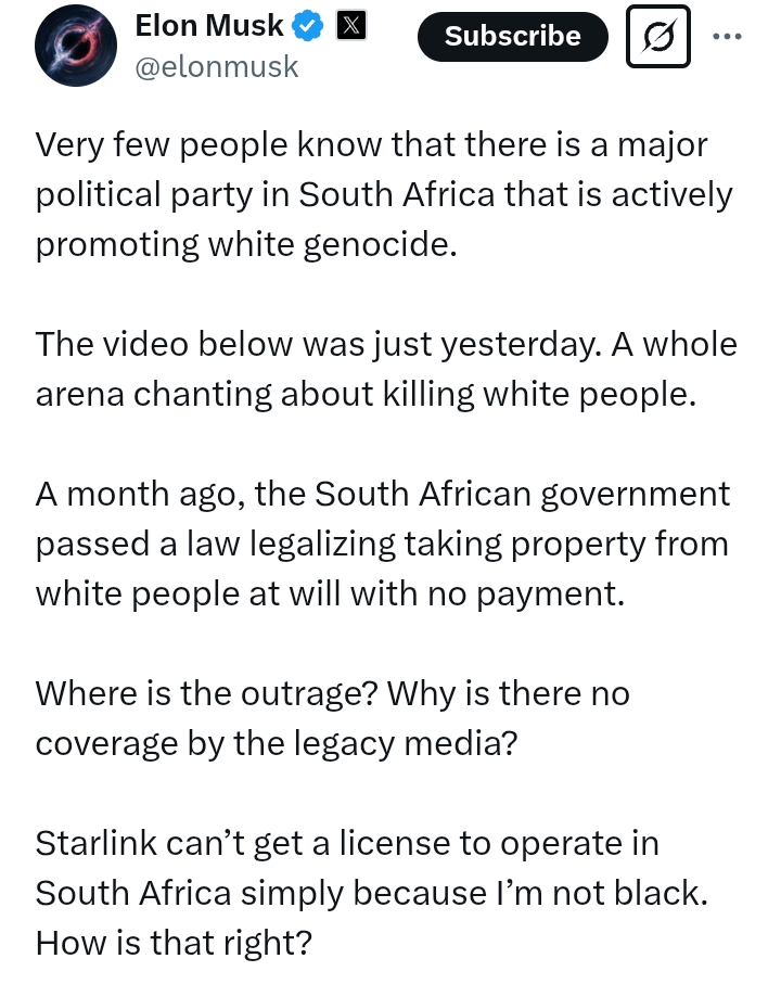 'South African government passed a law legalizing taking property from wh*te people at will with no payment' - Elon Musk
