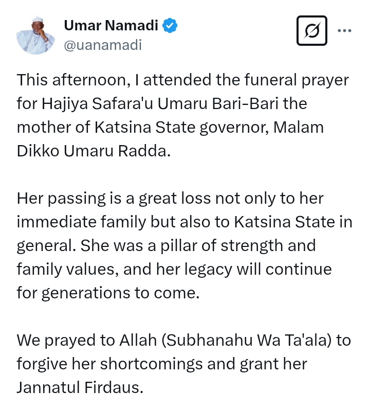 prayer for Hajiya Safara'u Umaru Bari-Bari the mother of Katsina State governor, Malam Dikko Umaru Radda