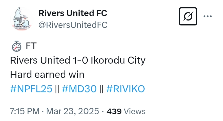 NPFL 2024/25: Rivers United 1-0 Ikorodu City - 'Hard earned win' for Pride of Rivers