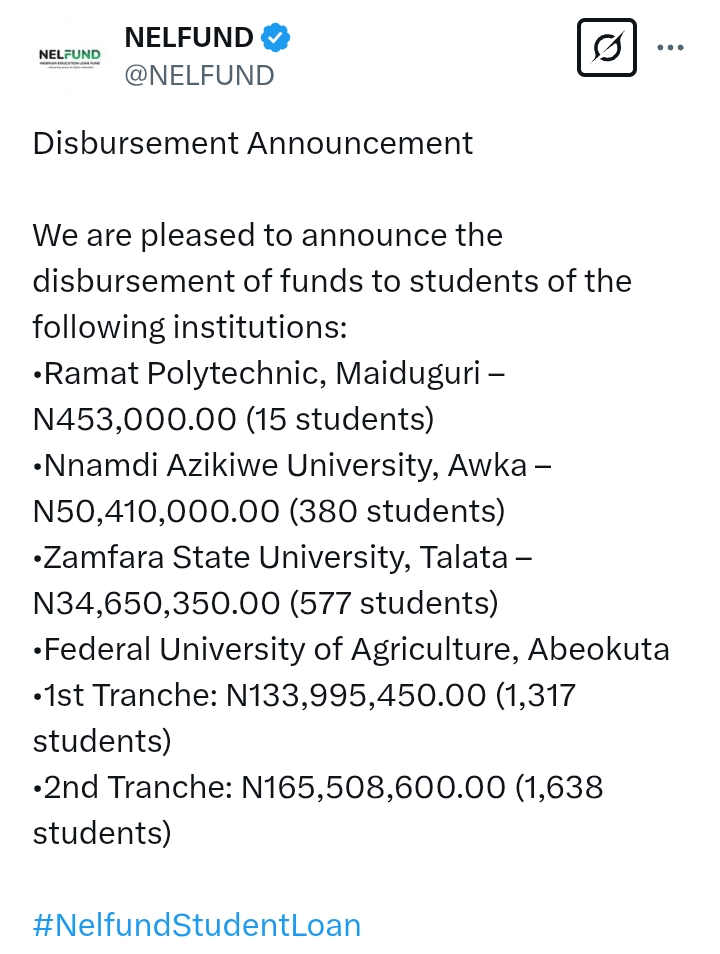 NELFUND: '₦50,410,000 to Nnamdi Azikiwe University for 380 students'