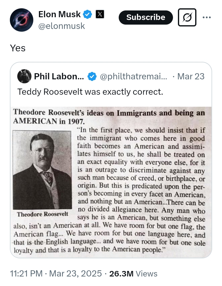 United States: 'Theodore Roosevelt's ideas on immigrants and being an American in 1907'