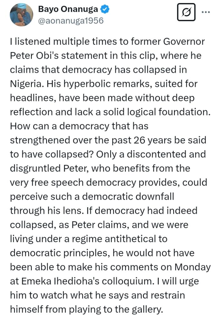 Video: Presidency responds to Peter Obi's statement that 'democracy has collapsed in Nigeria'