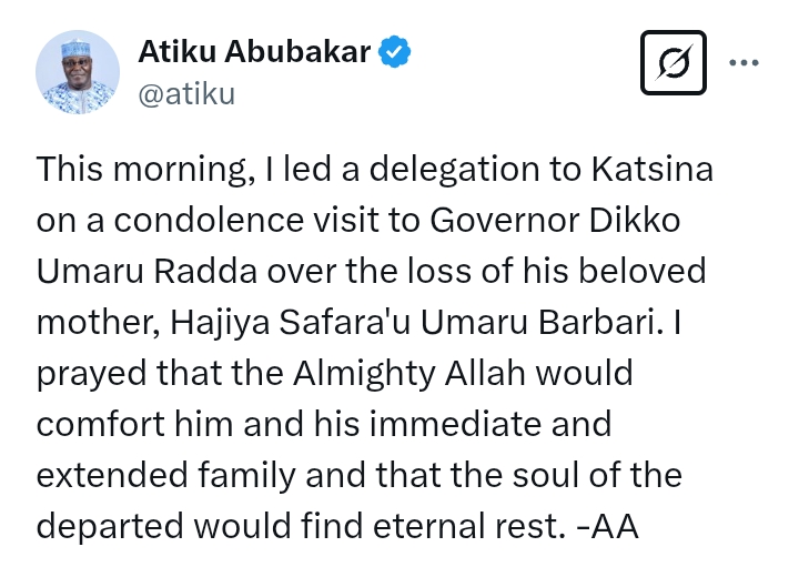 Governor Radda Loses Mother: Photos - Atiku leads delegation to Katsina on condolence visit