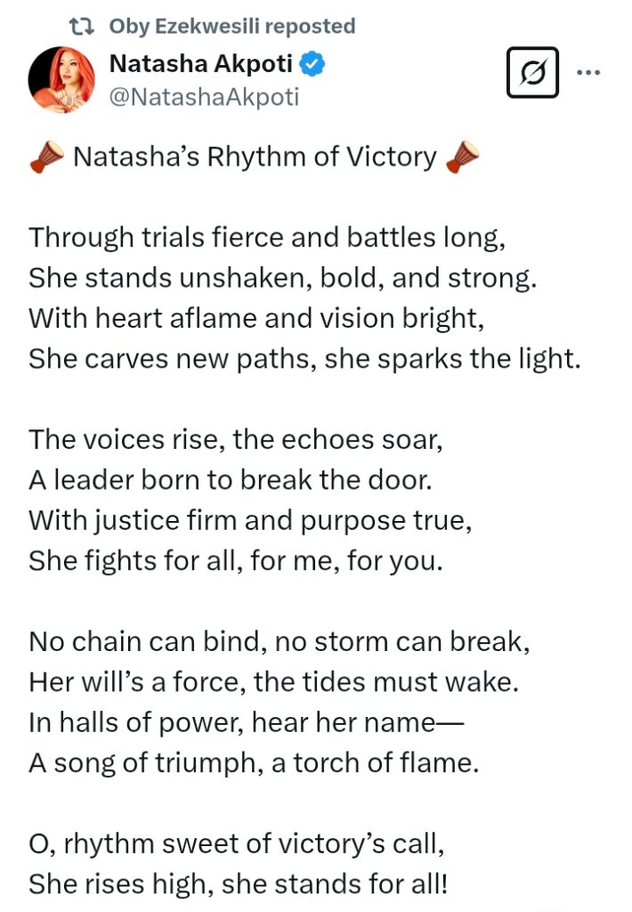Akpabio V Natasha: 'Through trials fierce and battles long, Natasha stands unshaken, bold, and strong'