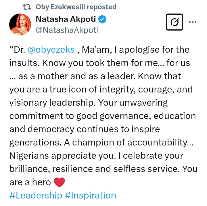 Akpabio V Natasha: 'I apologise for the insults you took for me as a mother and leader' - Natasha