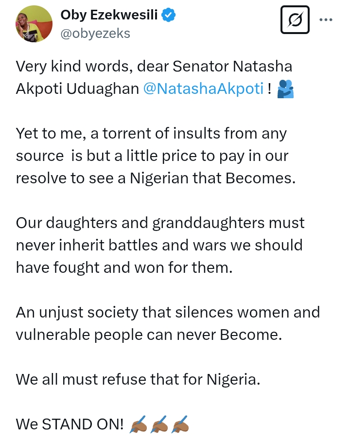 Akpabio V Natasha: 'A torrent of insults from any source is but a little price to pay in our resolve to see a Nigerian that Becomes' - Convo between Ezeks and Natasha