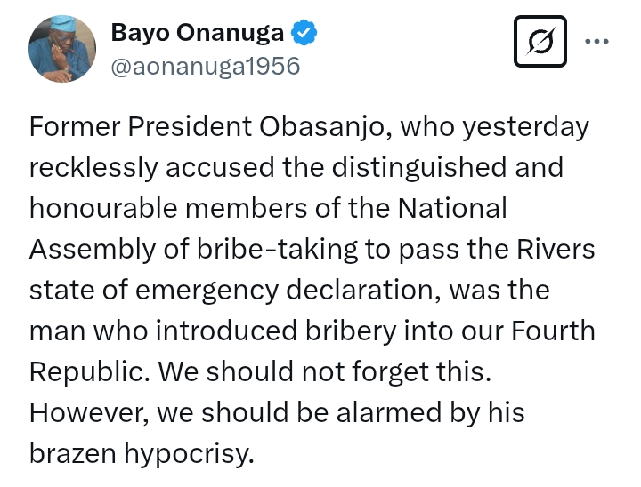 Rivers State: Presidency tags Obasanjo 'reckless' after accusing members of NASS 'of bribe-taking to pass State of Emergency declaration'