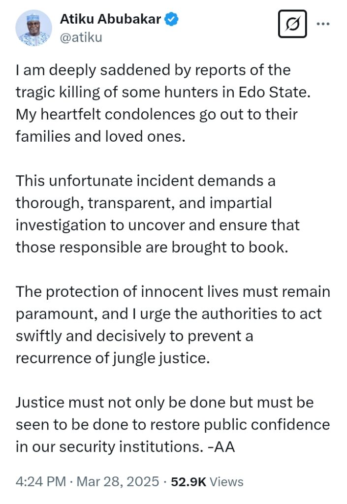 Killing Of Hunters In Edo State: Atiku demands 'thorough and transparent investigation'