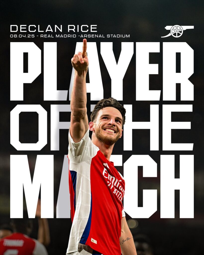 Uefa Champions League 2024/25: Arsenal 3-0 Real Madrid - Declan Rice voted POTM