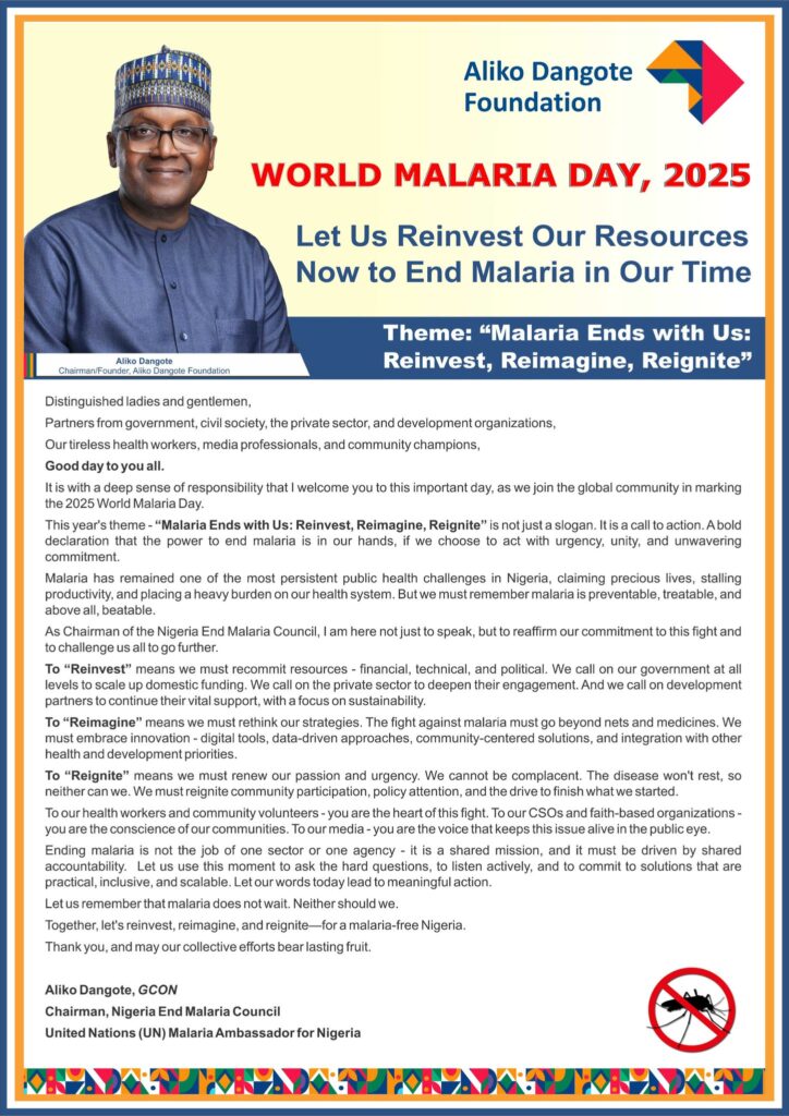 World Malaria Day 2025: 'Let us reinvest our resources now to end malaria in our time' - Dangote