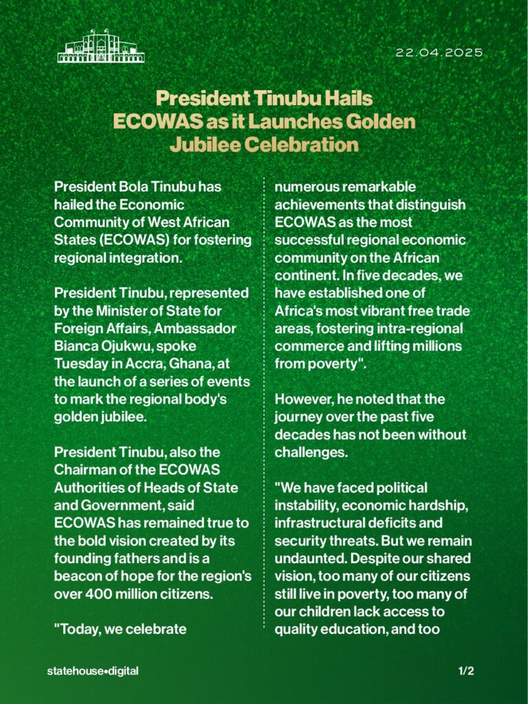 ECOWAS At 50: President Tinubu hails Bloc as it launches Golden Jubilee celebration