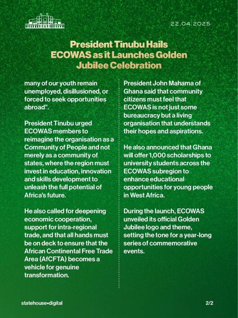 ECOWAS At 50: President Tinubu hails Bloc as it launches Golden Jubilee celebration