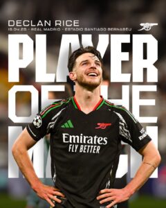 Uefa Champions League 2024/25: Real Madrid 1-2 Arsenal - 'Relentless' Declan Rice emerges POTM