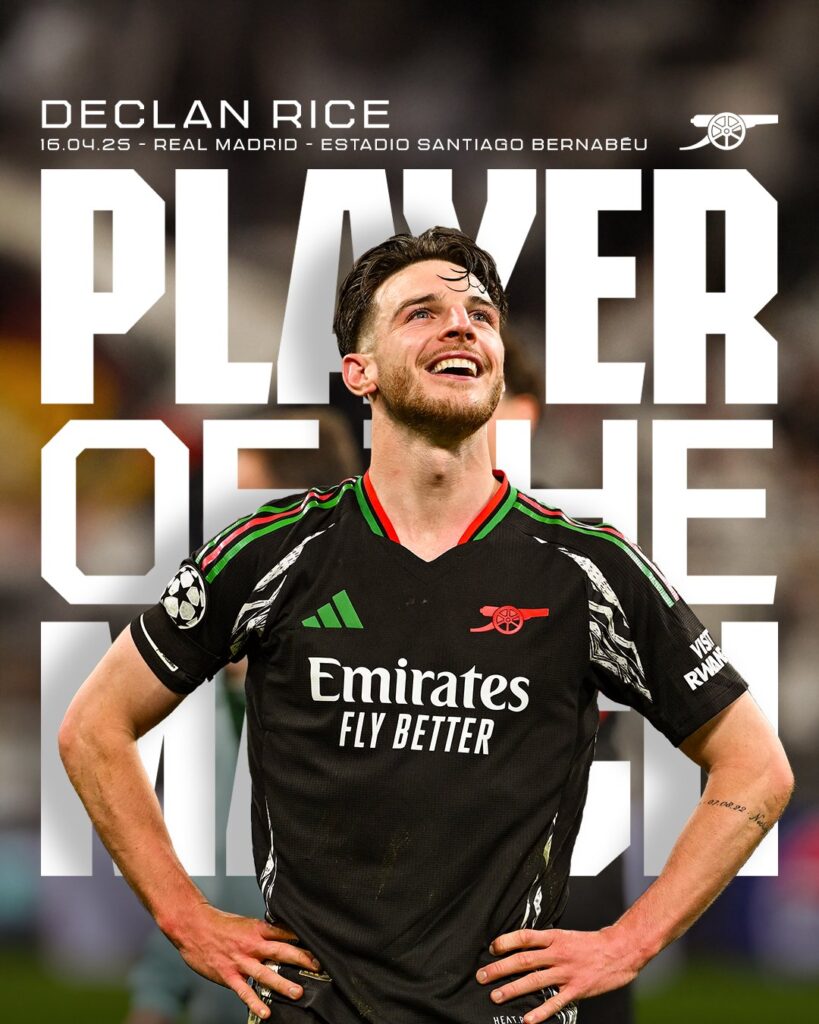Uefa Champions League 2024/25: Real Madrid 1-2 Arsenal – ‘Relentless’ Declan Rice emerges POTM