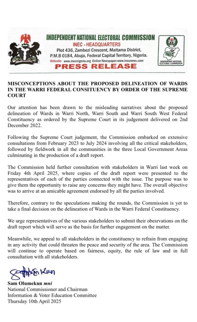 INEC Press Release - 'Misconceptions about the proposed delineation of wards in the Warri Federal Constituency by order of the Supreme Court'