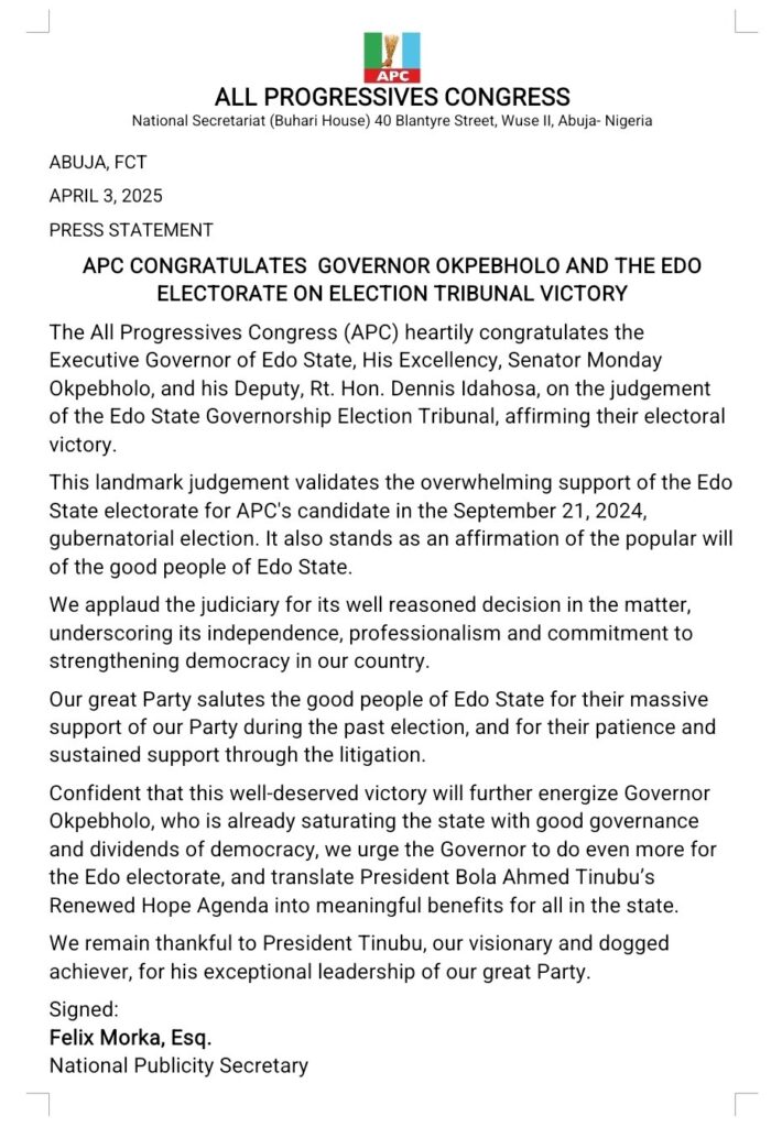 Edo State: APC congratulates Okpebholo and State Electorate on election tribunal victory