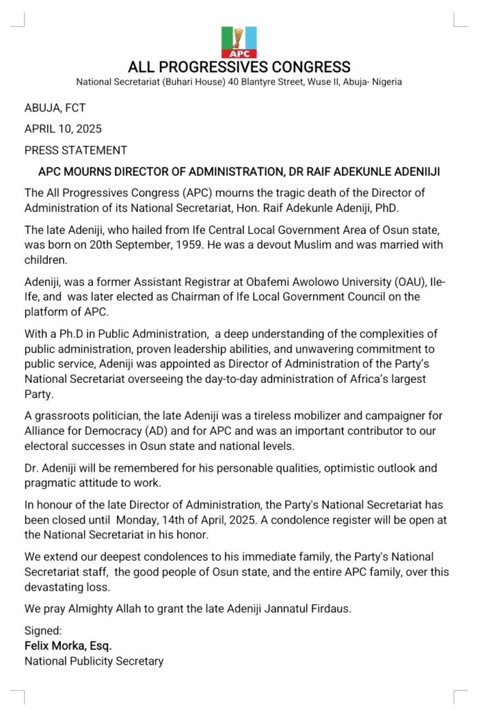 APC close National Secretariat over demise of Director of Administration, Adeniji