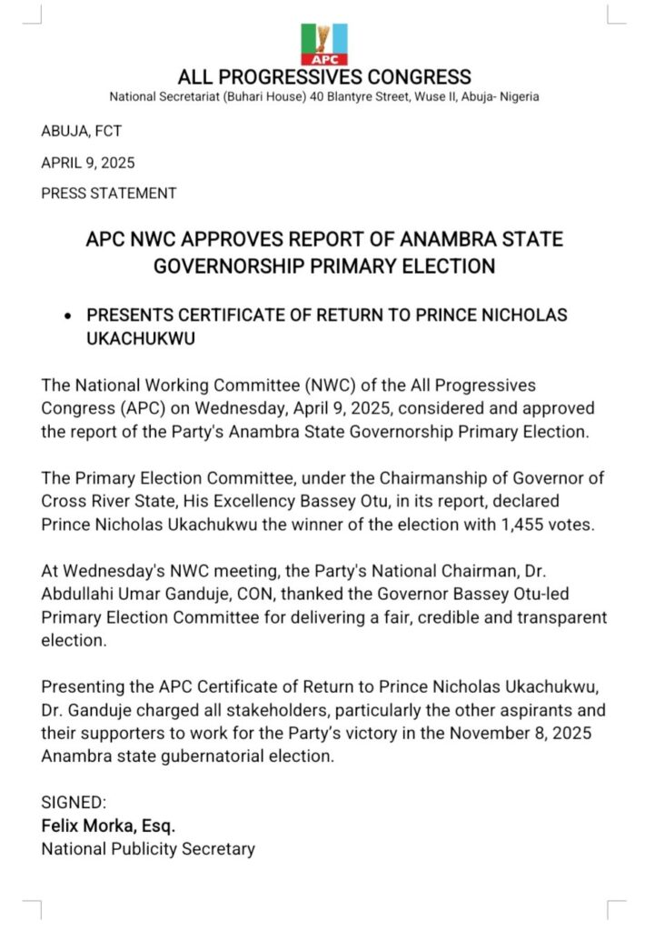 Anambra State Guber 2025: APC NWC approves report of governorship primary election