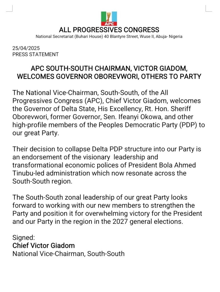 Oborevwori Dumps PDP Joins APC: APC South-South Chairman welcomes Delta State Governor, Okowa to 'Broom' Party