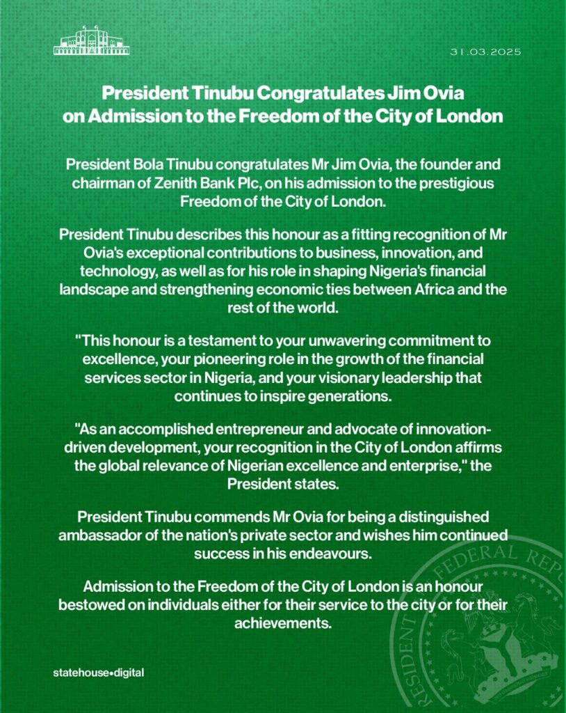 President Tinubu congratulates Jim Ovia on admission to the Freedom of the City of London