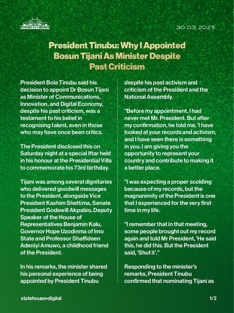 President Tinubu tells why he appointed Bosun Tijani as Minister 'despite past criticism'
