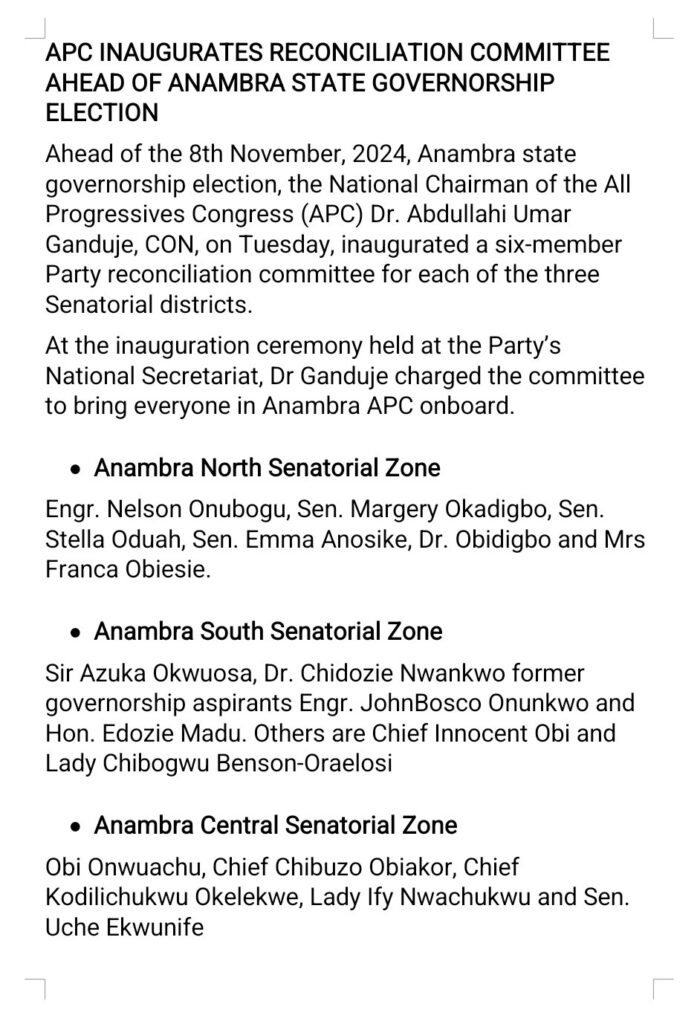 Anambra State Guber 2025: APC inaugurates reconciliation committee ahead of governorship election