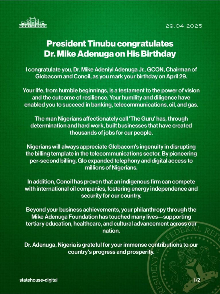 Mike Adenuga At 72: 'Your life is a testament to the power of vision and outcome of resilience' - President Tinubu