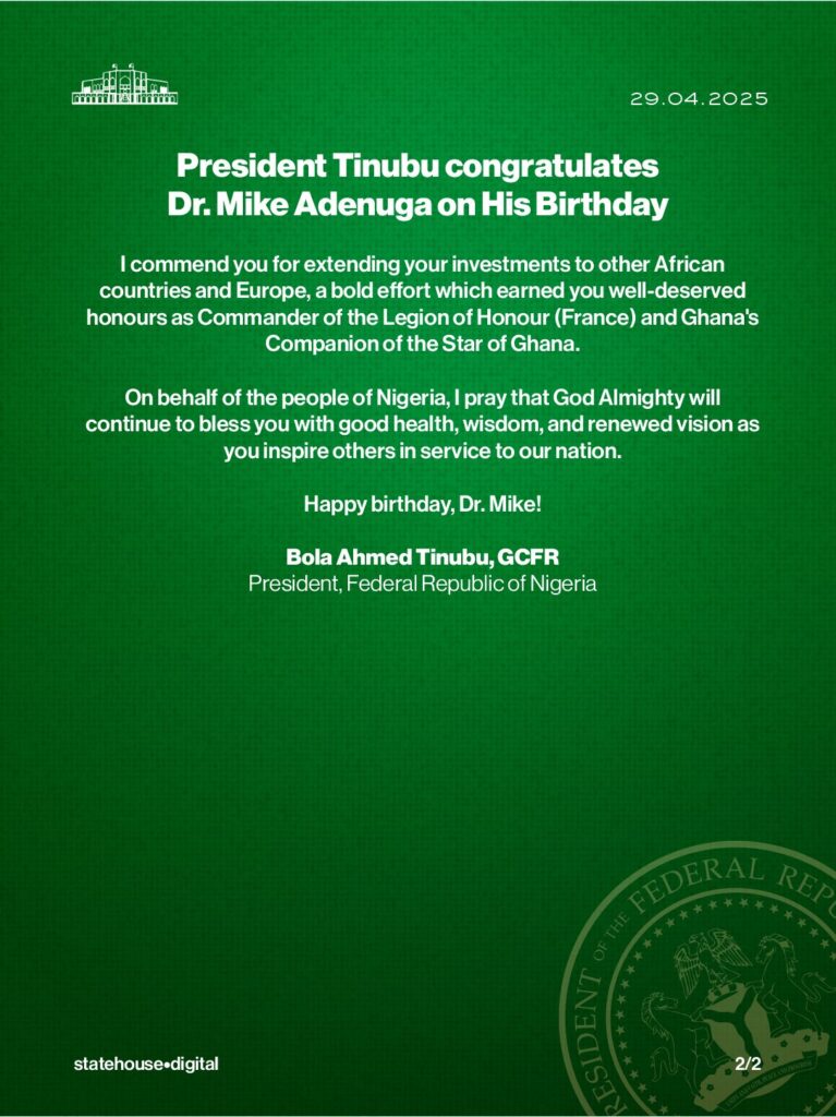 Mike Adenuga At 72: 'Your life is a testament to the power of vision and outcome of resilience' - President Tinubu