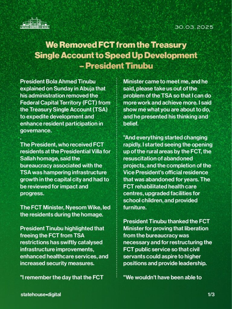 President Tinubu removes FCT from Treasury Single Account 'to speed up development'