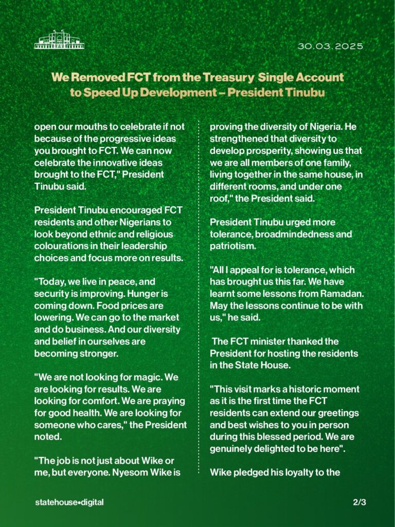 President Tinubu removes FCT from Treasury Single Account 'to speed up development'