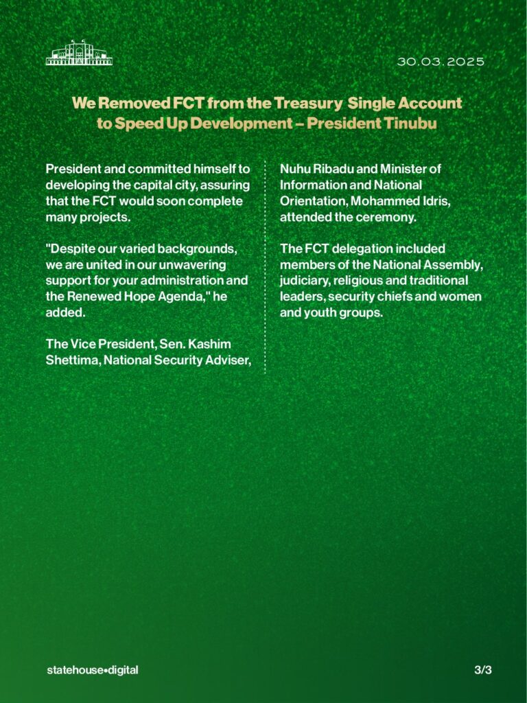 President Tinubu removes FCT from Treasury Single Account 'to speed up development'