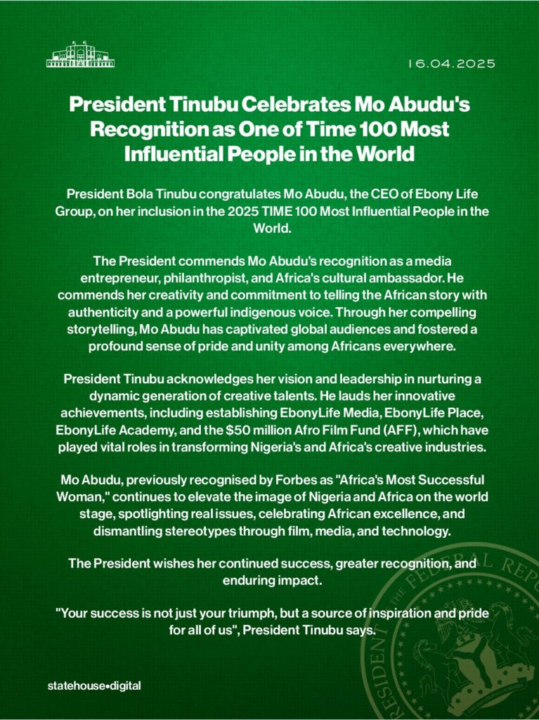 TIME 100 Most Influential People of 2025: President Tinubu celebrates Mo Abudu