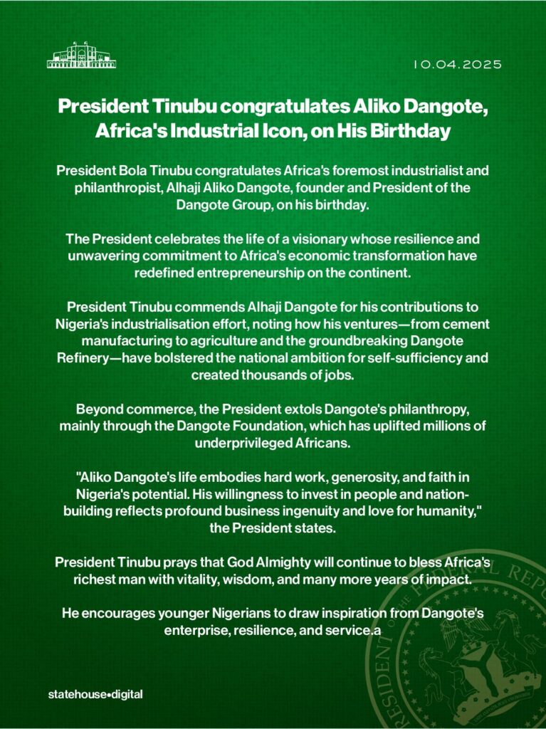 Dangote At 68: 'His life embodies hard work, generosity and faith in Nigeria's potential' - President Tinubu
