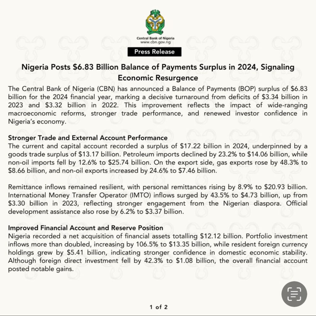 Nigeria' Economy: CBN Press Release - 'Nigeria posts $6.83 Billion balance of payments surplus in 2024, signalling economic resurgence'