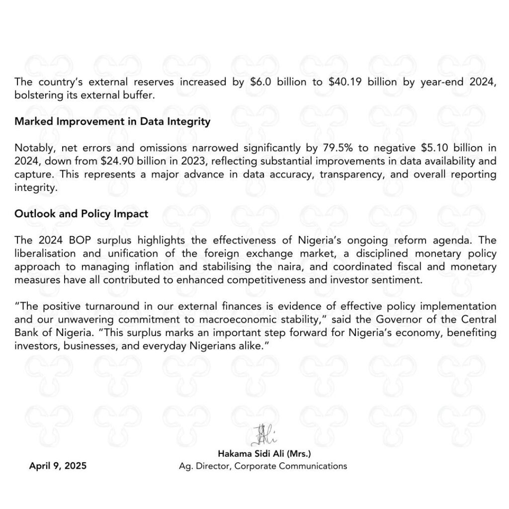 Nigeria' Economy: CBN Press Release - 'Nigeria posts $6.83 Billion balance of payments surplus in 2024, signalling economic resurgence'